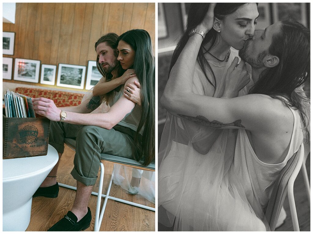couple looking at vinyl record albums, vintage unique retro couple kissing