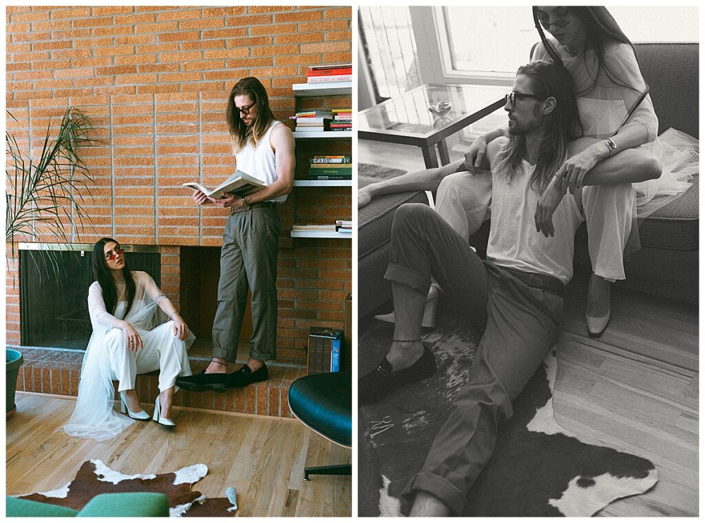 couple reading and hanging out in retro clothes and house